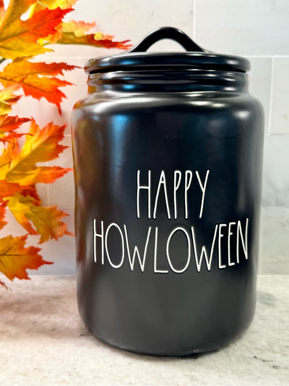 New Rae Dunn Halloween Happy Howloween Black Dog Treat Ceramic Canister - 9.5”